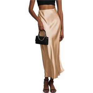 Women's Dark Beige 100% Polyester Satin A Line Long Elegant Office Maxi Skirts